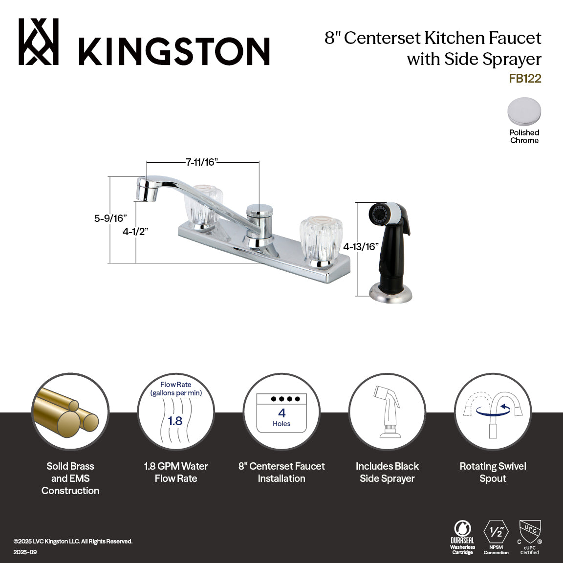 Kingston Tulare FB122 - Columbia Two-Handle 4-Hole 8" Centerset Kitchen Faucet with Side Sprayer, Polished Chrome — thumbnail 2